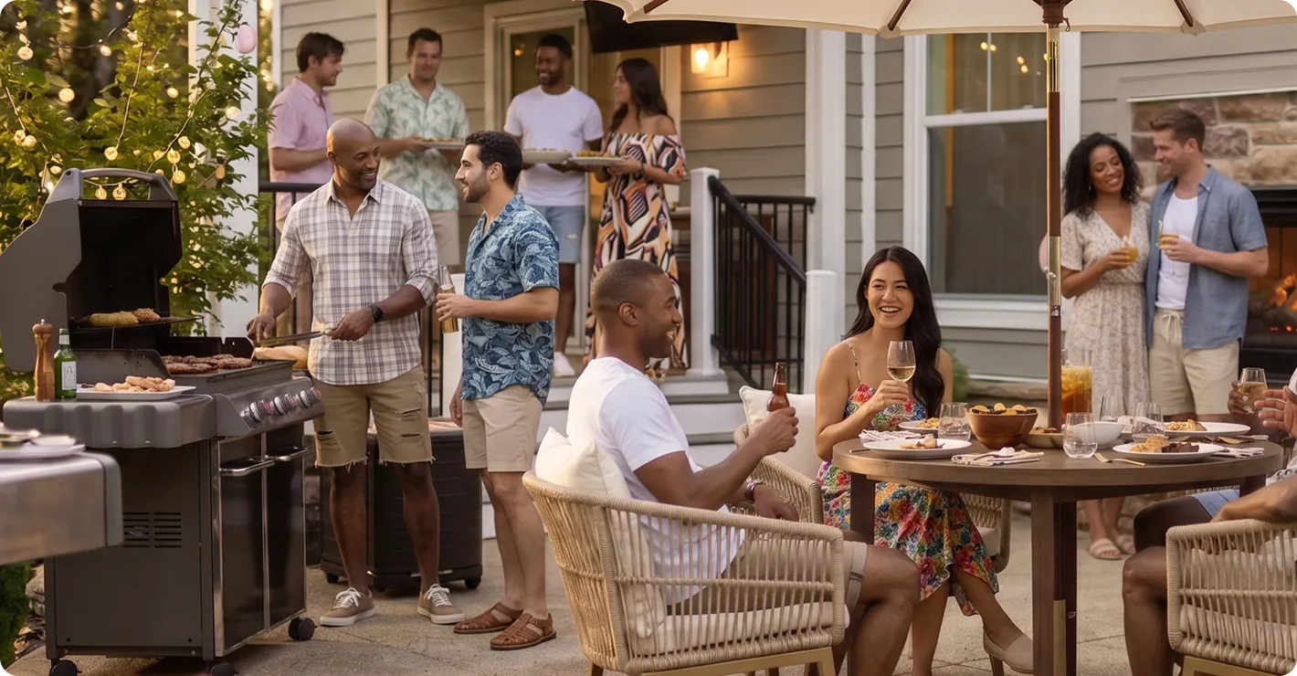 A diverse group of friends smiling and socializing at a backyard patio barbecue. One man cooks at a large gas grill while others sit at an outdoor dining table with drinks, and a few guests chat on the porch steps in the background.