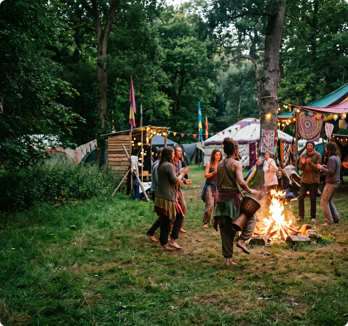 A photo of people gathering and dancing around a campfire at dusk in a woodland setting, displayed alongside article text titled 'Into the Wild Gathering' detailing an ancestral craft and music event in West Sussex, England.