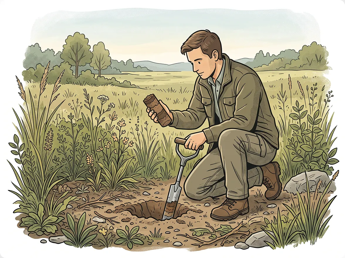 Illustrated scene of a scientist kneeling in a field studying soil and plant roots.