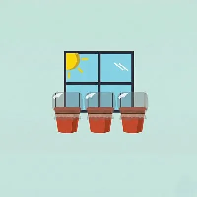 Graphic of 3 planters covered and placed in front of a window to get natural light to help them grow
