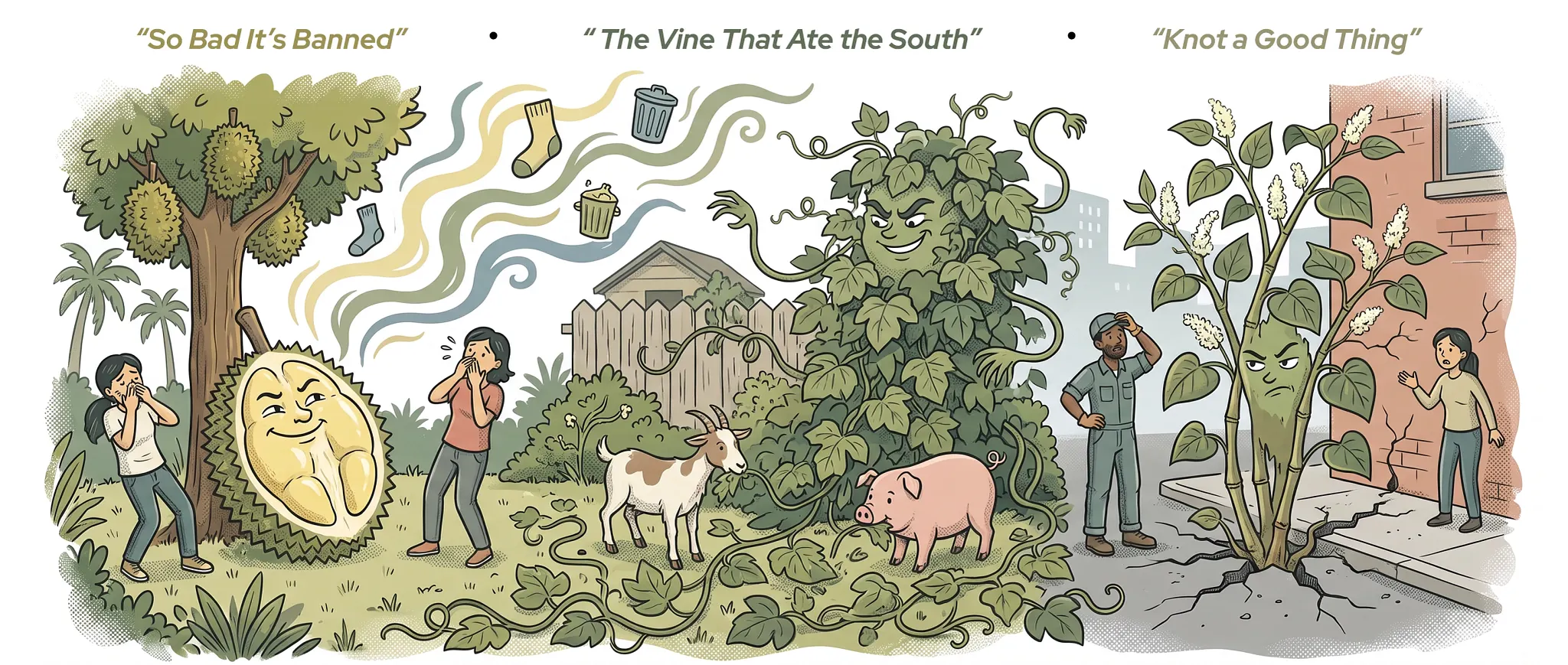 An editorial illustration of a playful outdoor scene showing a giant yellow durian fruit with a smiling face, an overflowing compost heap emitting odor waves, a goat, a pig, and several people observing a tall, leafy green plant growing next to a brick wall.