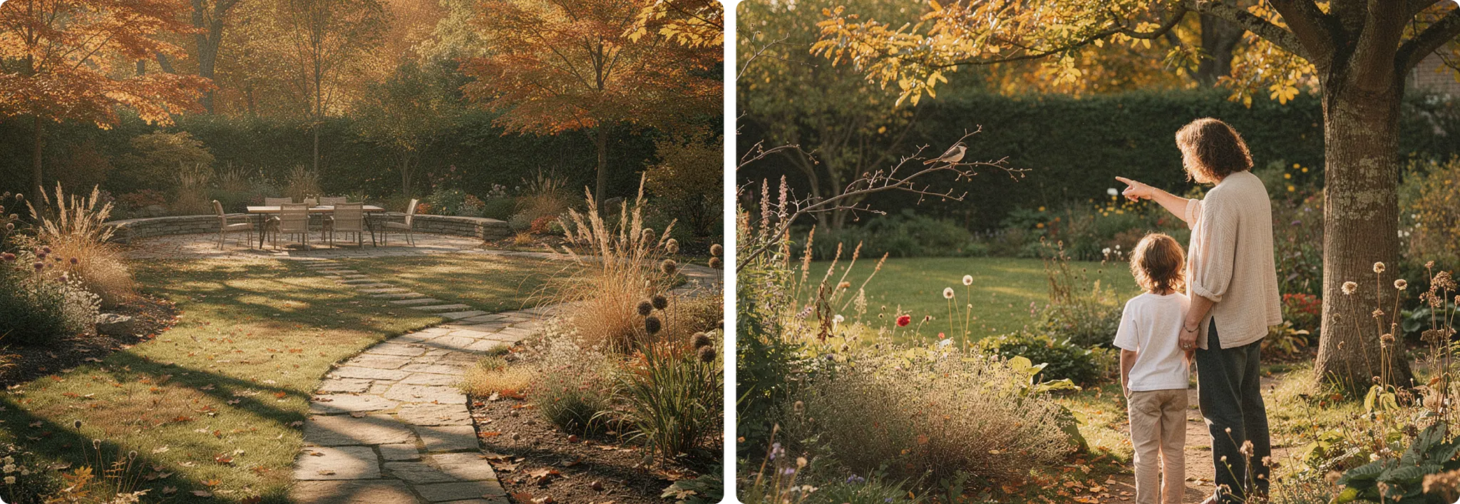 A woman pointing toward the distance in a sunlit backyard during autumn while a young child stands beside her, surrounded by green lawns and trees with warm fall foliage.
