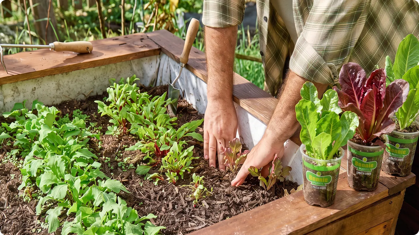 Man using his hands in a raised garden bed to make a hole in the dirt for planting his Bonnie lettuce