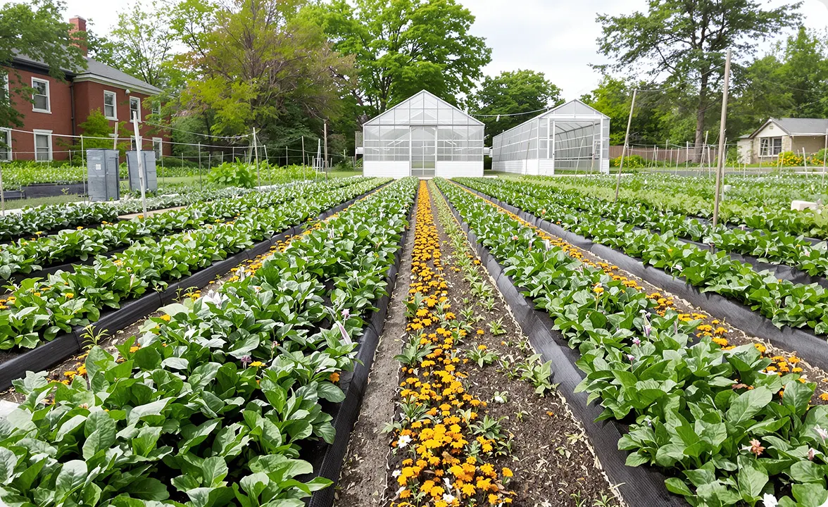 Long, straight agricultural rows of vegetable crops growing in a large urban farm field in Detroit under open skies.