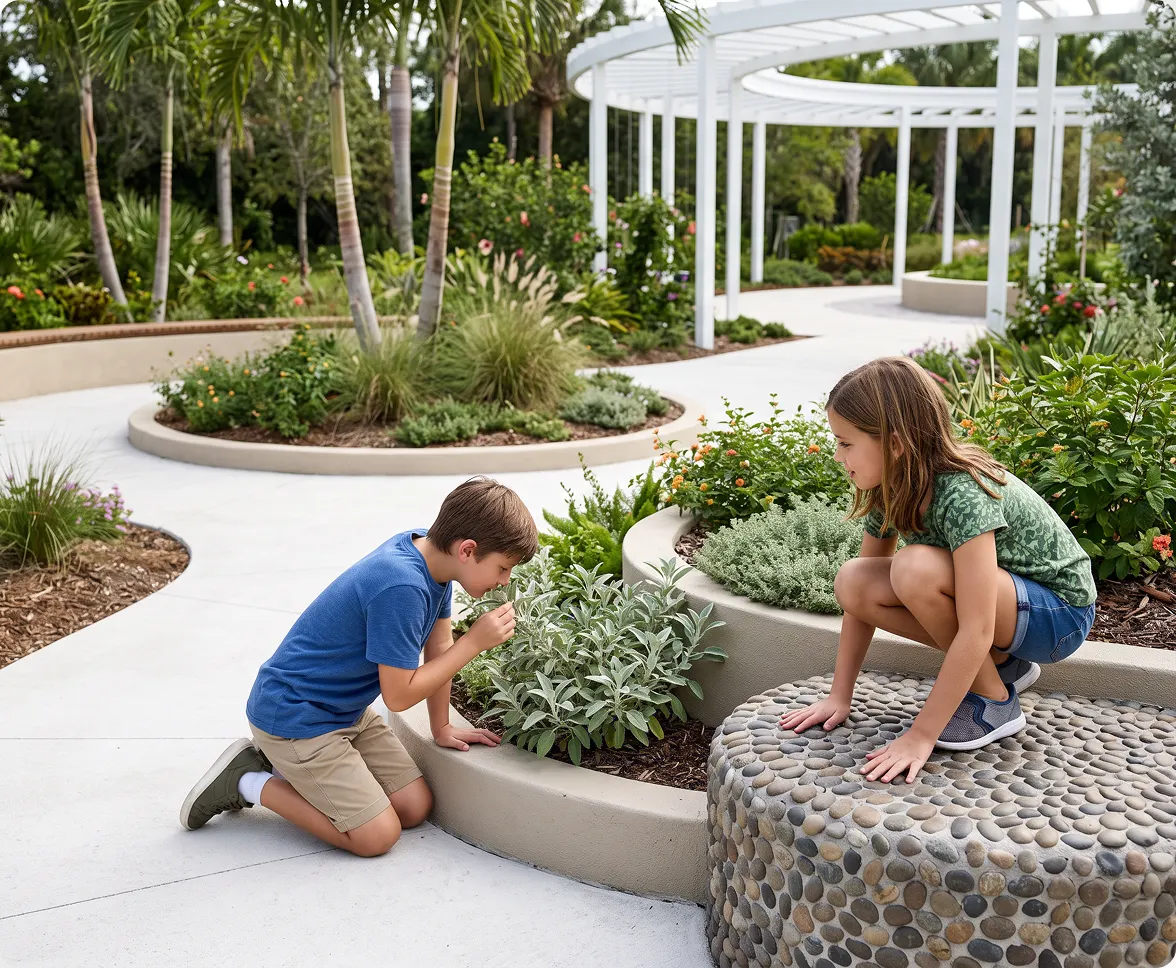 Photo of children interacting with plants in a sensory garden bed, next to article section titled "5. The Sensory Garden for Those on the Spectrum" at The Els Center of Excellence in Jupiter, FL. 