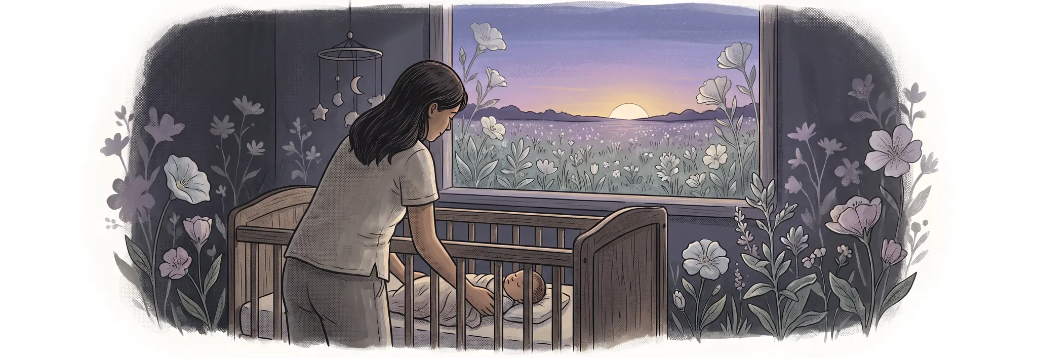 A quiet nursery scene viewed through a window frame as the sun rises or sets in soft pastel shades. A parent leans over a wooden crib to tend to a sleeping infant, framed by gentle floral illustrations on either side.