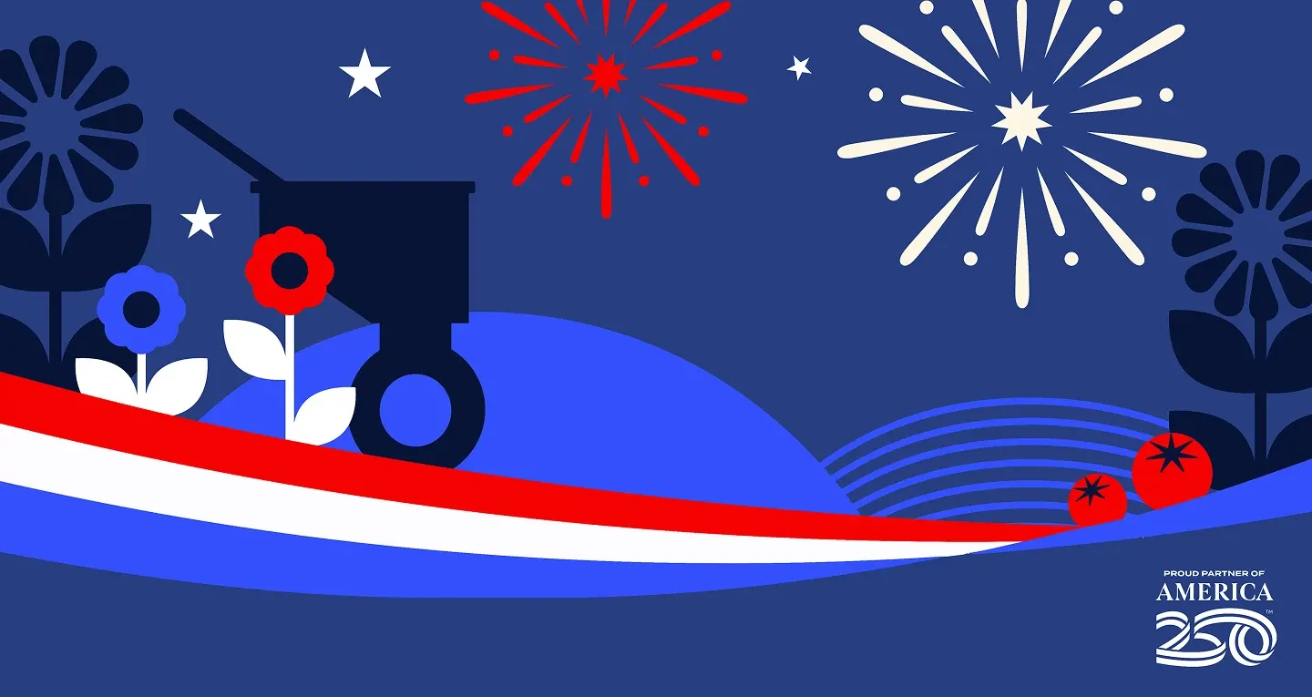 Red white and blue graphic depicting fireworks in the sky with rolling hills and vegetables and flowers growing below. 