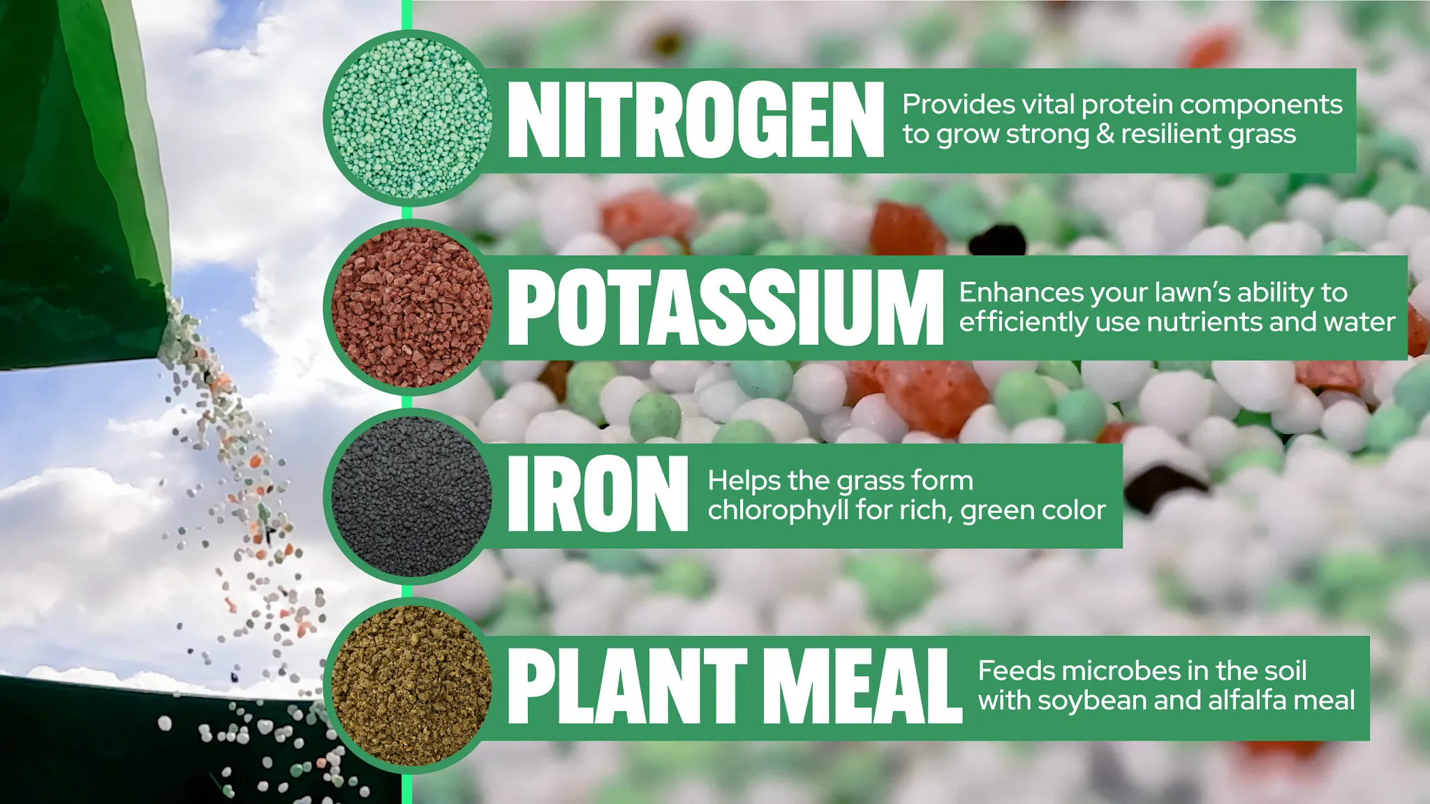 Graphic showing Scotts Turf Builder lawn food being poured into a spreader. Text details the fertilizer's key ingredients: Nitrogen promotes healthy, green growth; Kase feeds with natural ingredients like alfalfa and soybean meal ; and Iron builds a rich green lawn before summer begins.