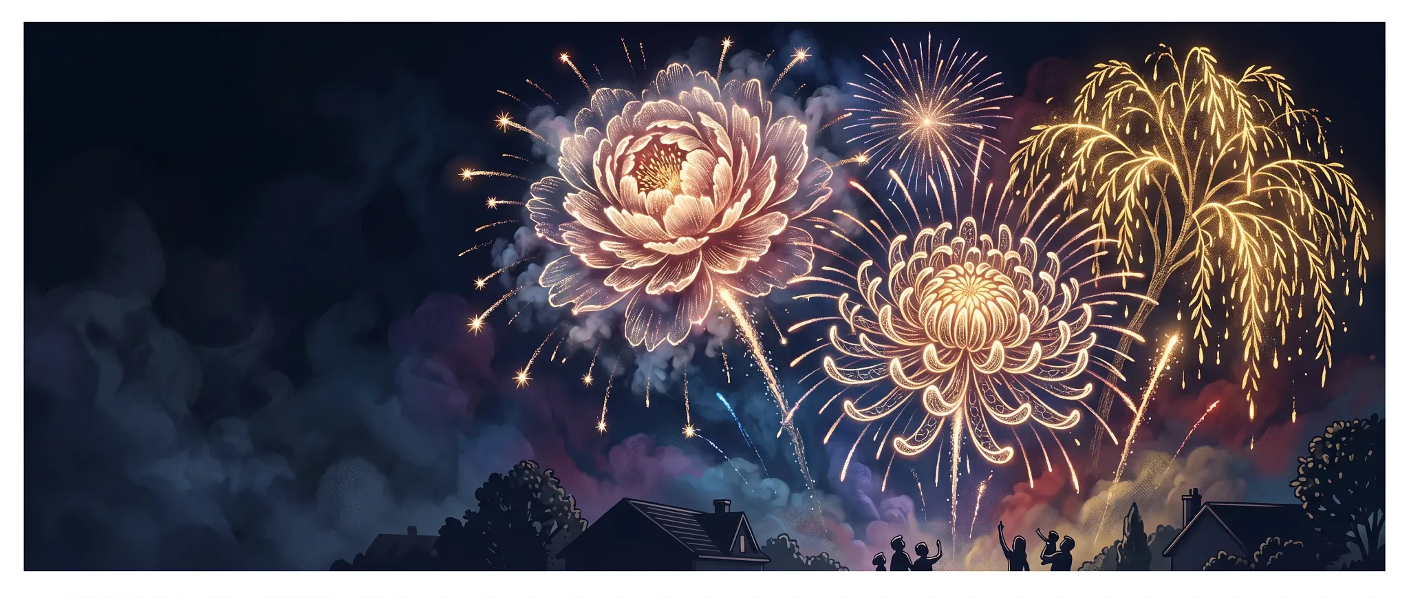 AI generated image of fireworks in a night sky that create the shapes of 3 different flowers, a peony, a chrysanthemum and a willow