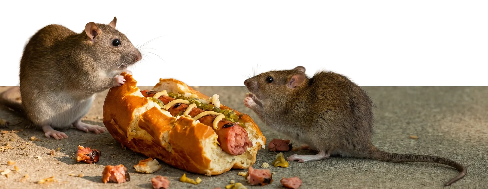 two mice eating a hot dog in a bun with ketchup and mustard