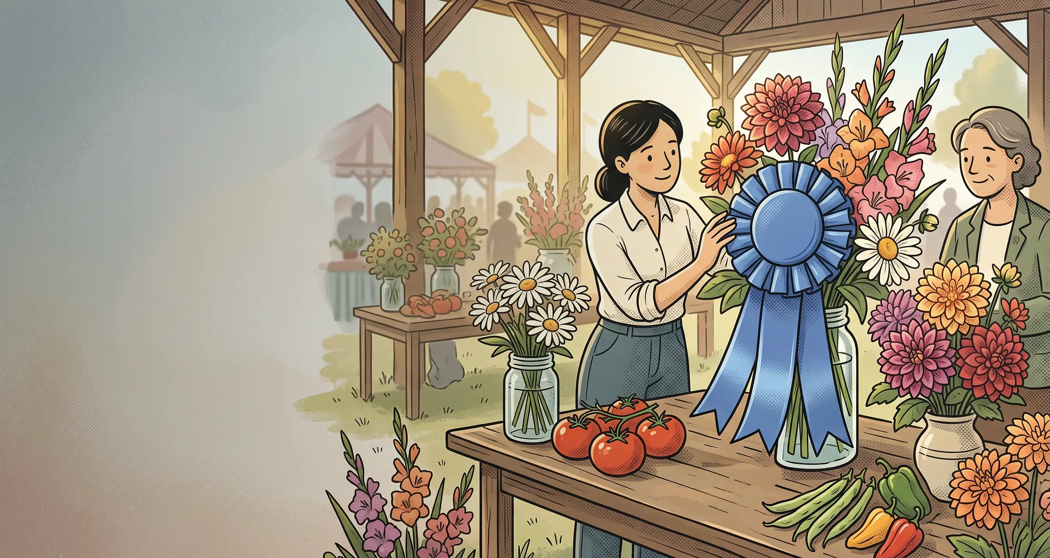 Illustrated editorial banner featuring a woman and an older woman placing a blue first-place ribbon on a vase of flowers at a county fair table surrounded by fresh tomatoes and colorful floral arrangements.