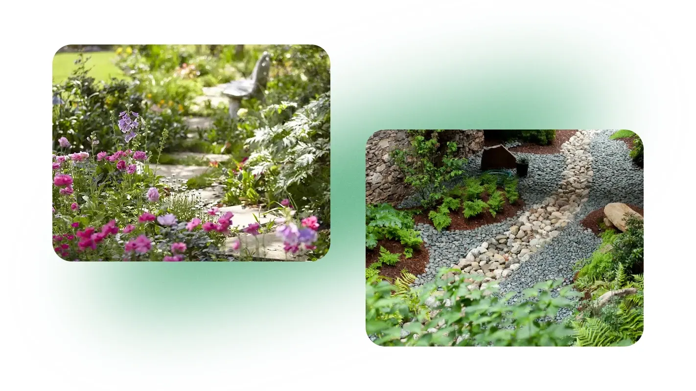 Two backyard landscaping ideas showing a stone garden path with flowers and a dry creek bed drainage feature.