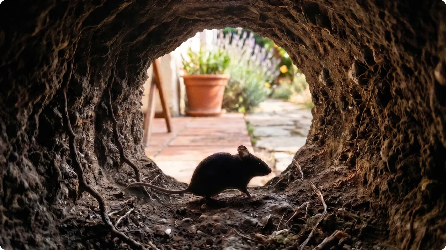 view through a dirt tunnel showing a mouse at the opening and behind it is a patio with a chair and potted plants
