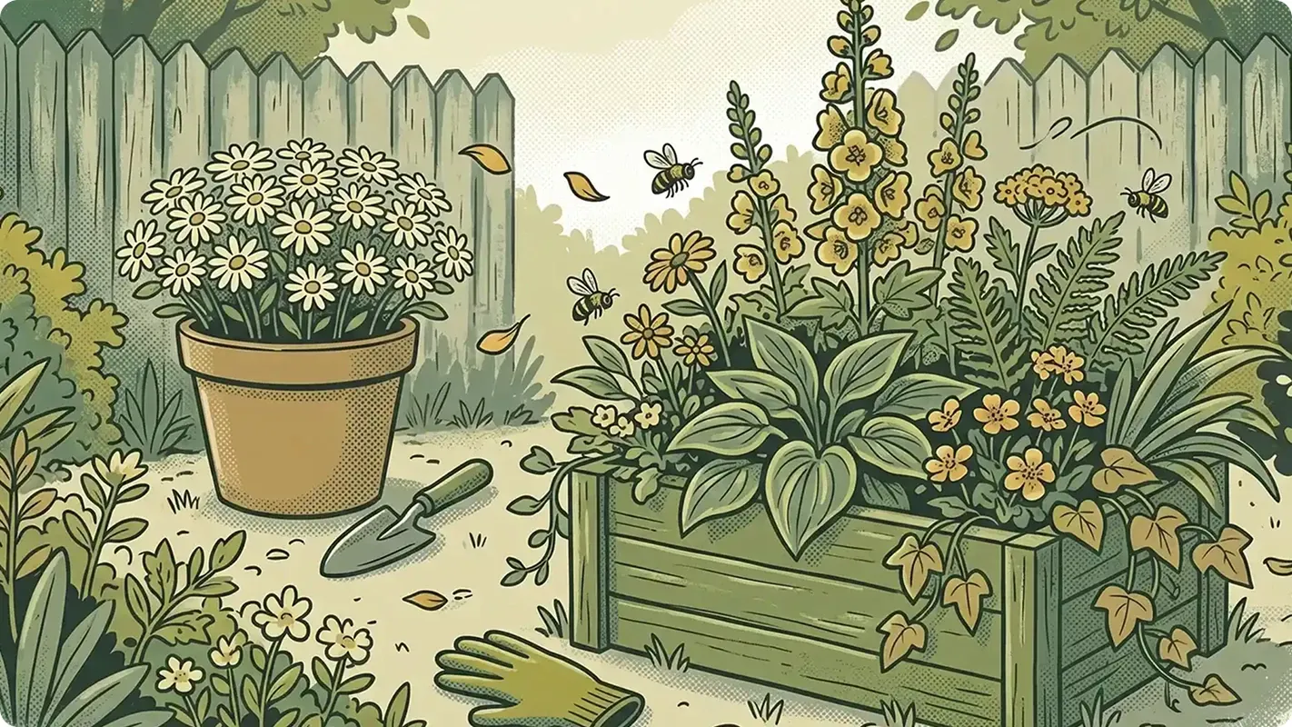 graphic of a raised garden bed and potted flowers in front of a picket fence  with a gardening glove and small garden shovel sitting on the ground