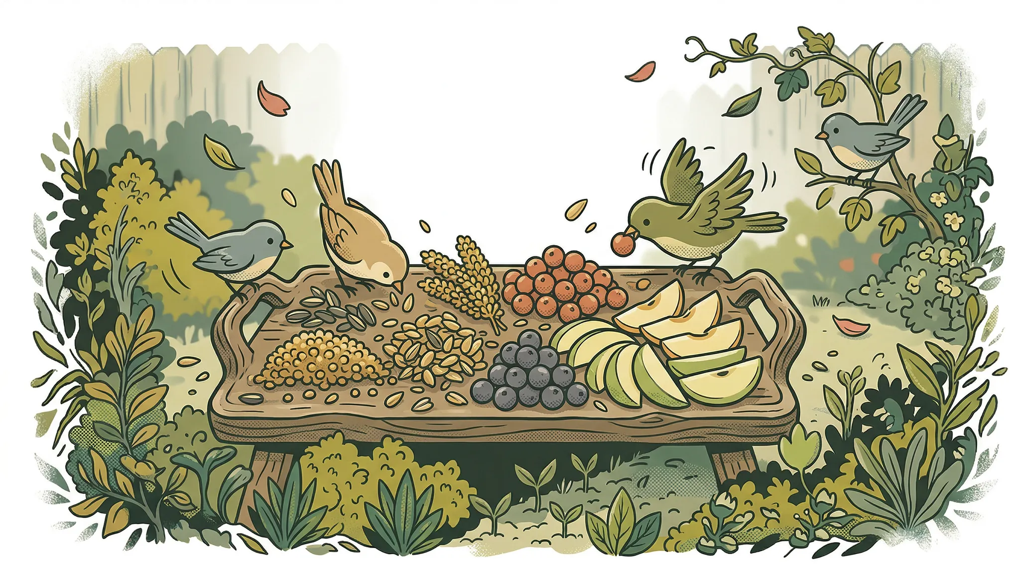 A charming illustration of four small birds gathered around a wooden tray in a garden. The tray is filled with various bird-friendly treats, including piles of seeds, grains, berries, and sliced apples. One green bird in the center is mid-flight, carrying a berry in its beak.