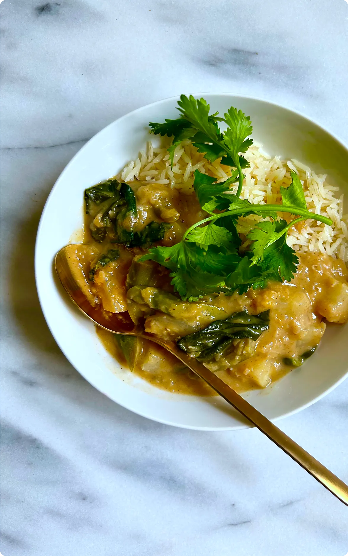 A recipe card titled "Recipe: Curried lentils with kohlrabi and chinese broccoli" features ingredient quantities and detailed cooking instructions on the left. To the right, a top-down view shows a white bowl resting on a marble surface, filled with a warm coconut-curry lentil stew, diced kohlrabi, greens, basmati rice, and a garnish of fresh cilantro sprigs with a gold spoon.