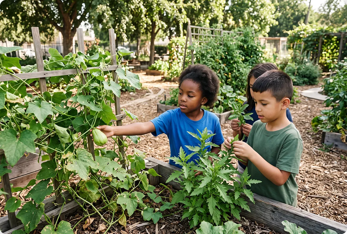 Photo of two young children tending to green leafy plants in a school raised garden bed, next to article section titled "1. The Garden That Grows What the Locals Actually Eat" in Los Angeles. 