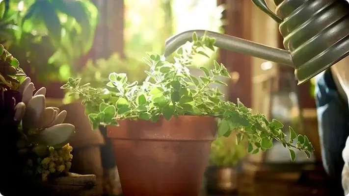 A metal watering can watering a green potted plant indoors in a sunny room filled with houseplants.