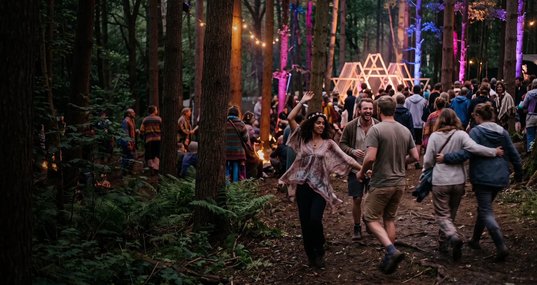 A group of festival-goers enjoying an outdoor event lit by string lights in a lush forest setting