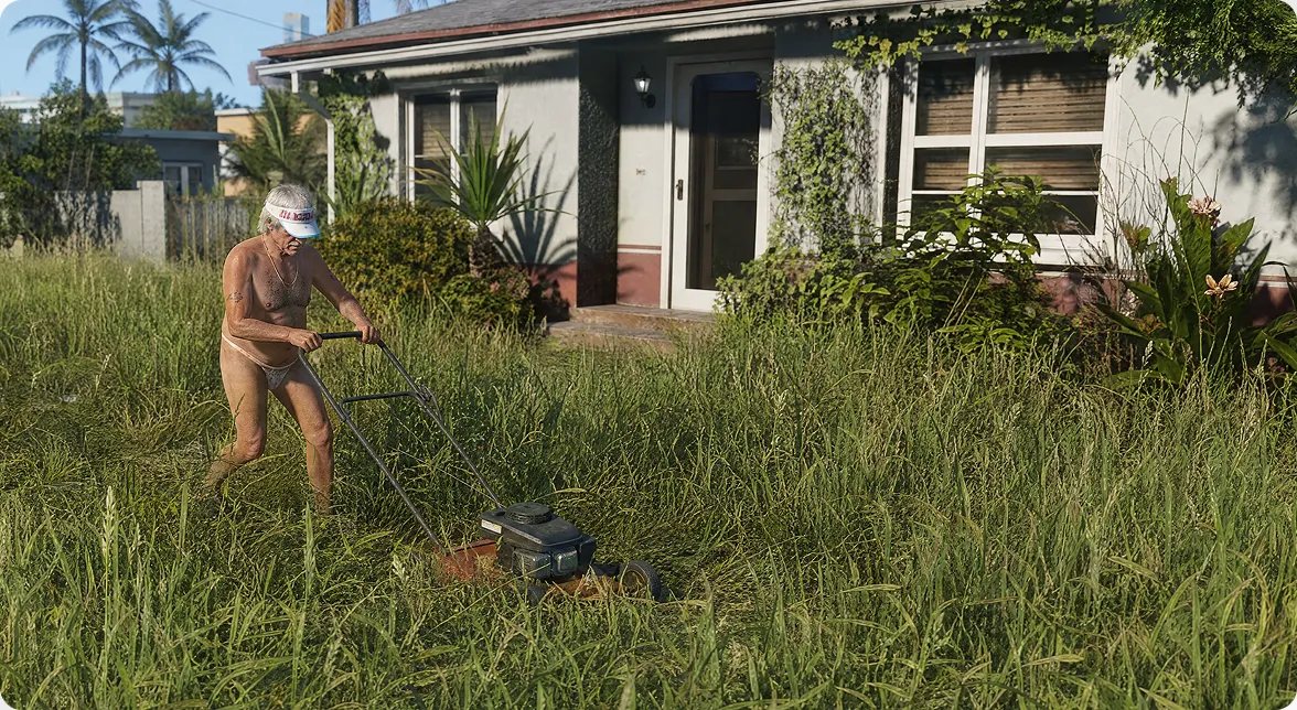 A person mowing overgrown grass and weeds surrounding a single-story house.