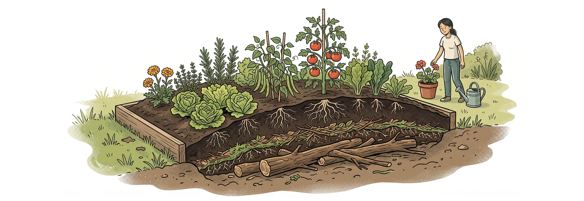 Cross-section illustration of a H&uuml;gelkultur raised garden bed with buried logs and soil layers beneath growing vegetables, displayed beside text titled 'More underground garden news...