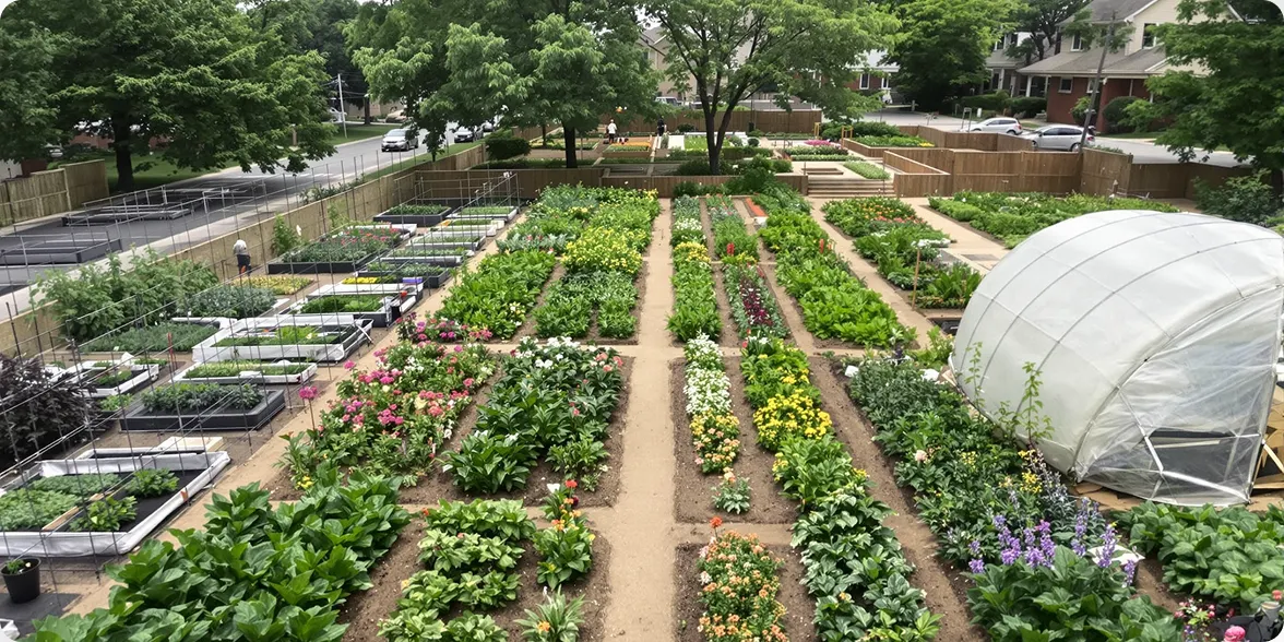 An overhead view of an organized urban farm grid featuring multiple rectangular planting beds and pathways in Chicago.