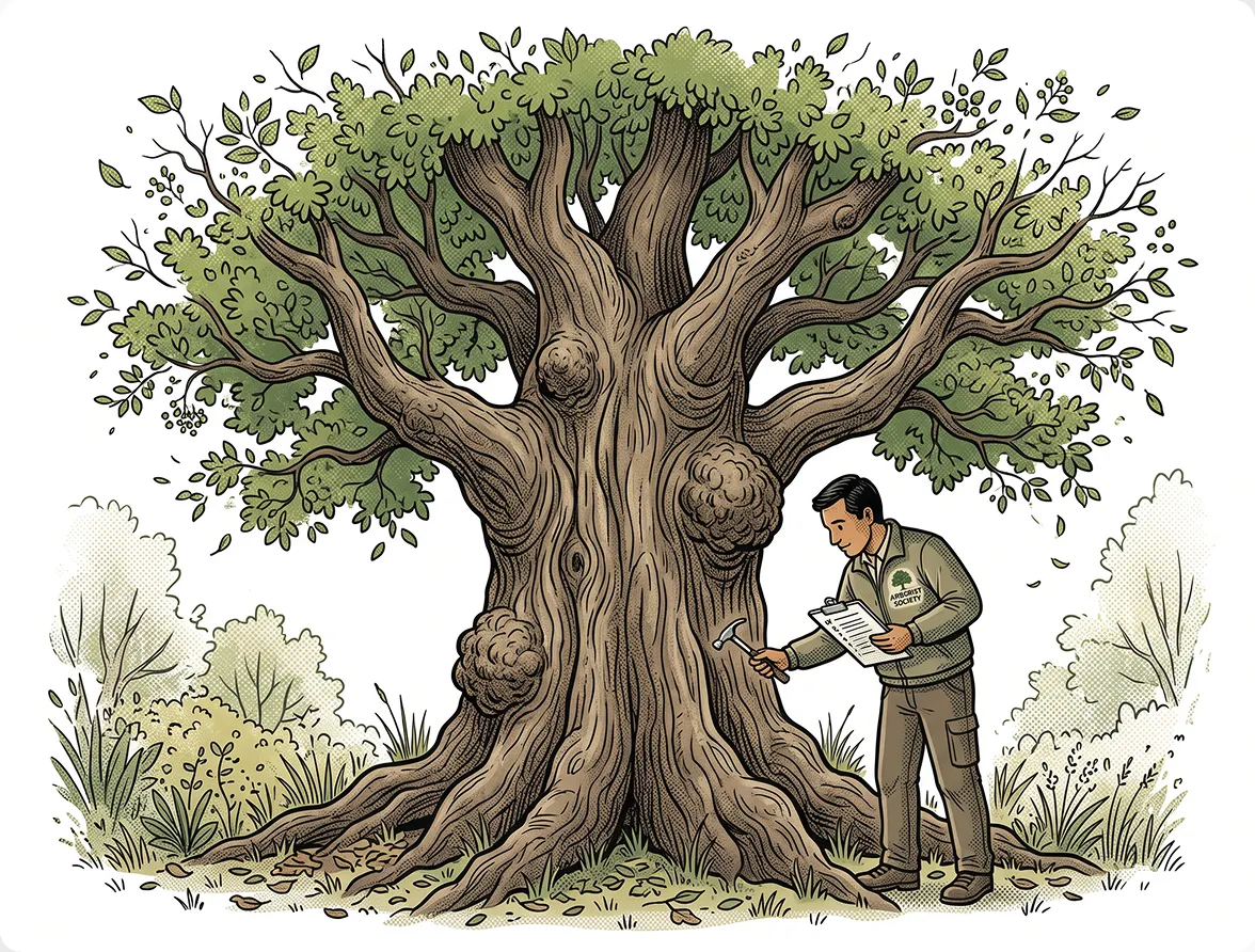 Illustrated scene of an arborist climbing and inspecting a large, mature tree in a field.