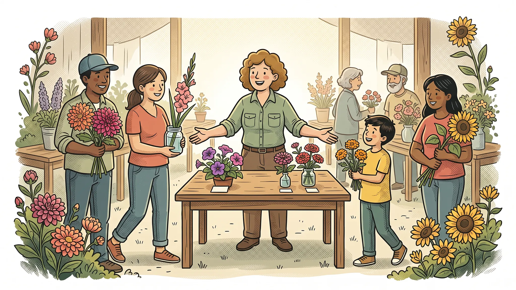 Illustration of a fair superintendent standing at a wooden table surrounded by gardeners showcasing colorful dahlia, sunflower, and potted flower arrangements.