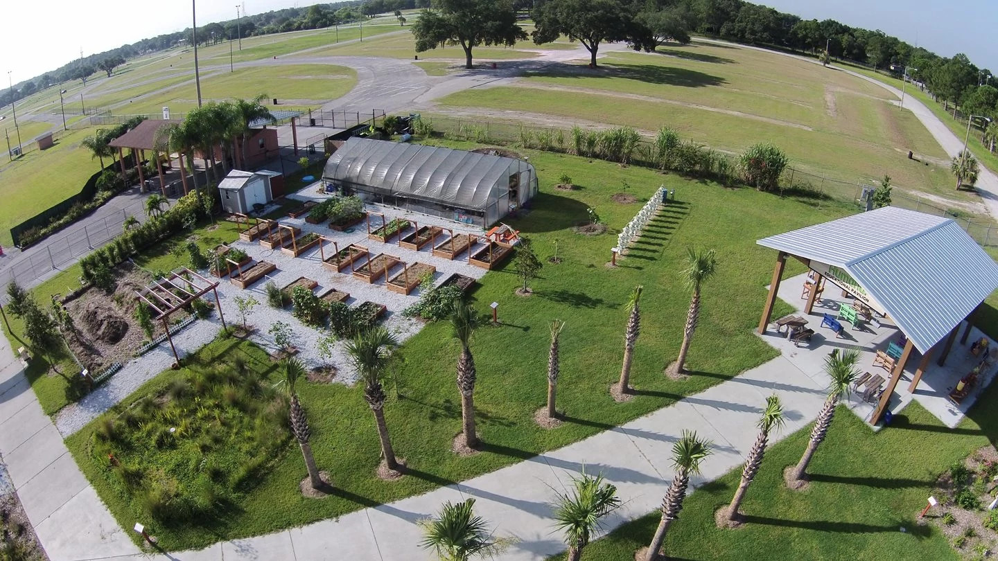 Overhead view of community garden in Tampa