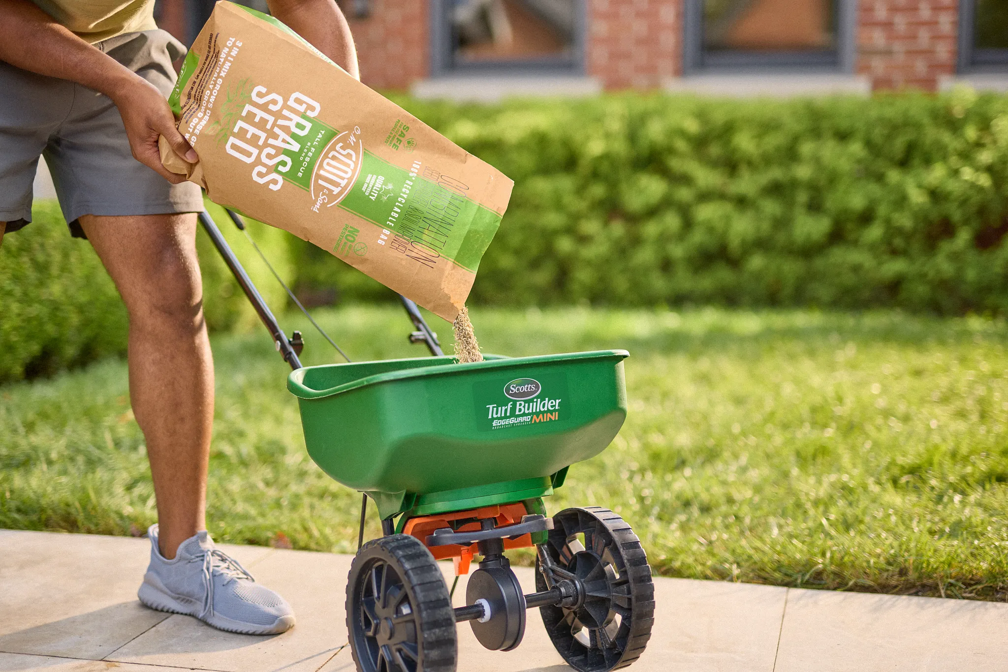 Pouring O.M. Scott & Sons Tall Fescue grass seed into a Scotts broadcast spreader.