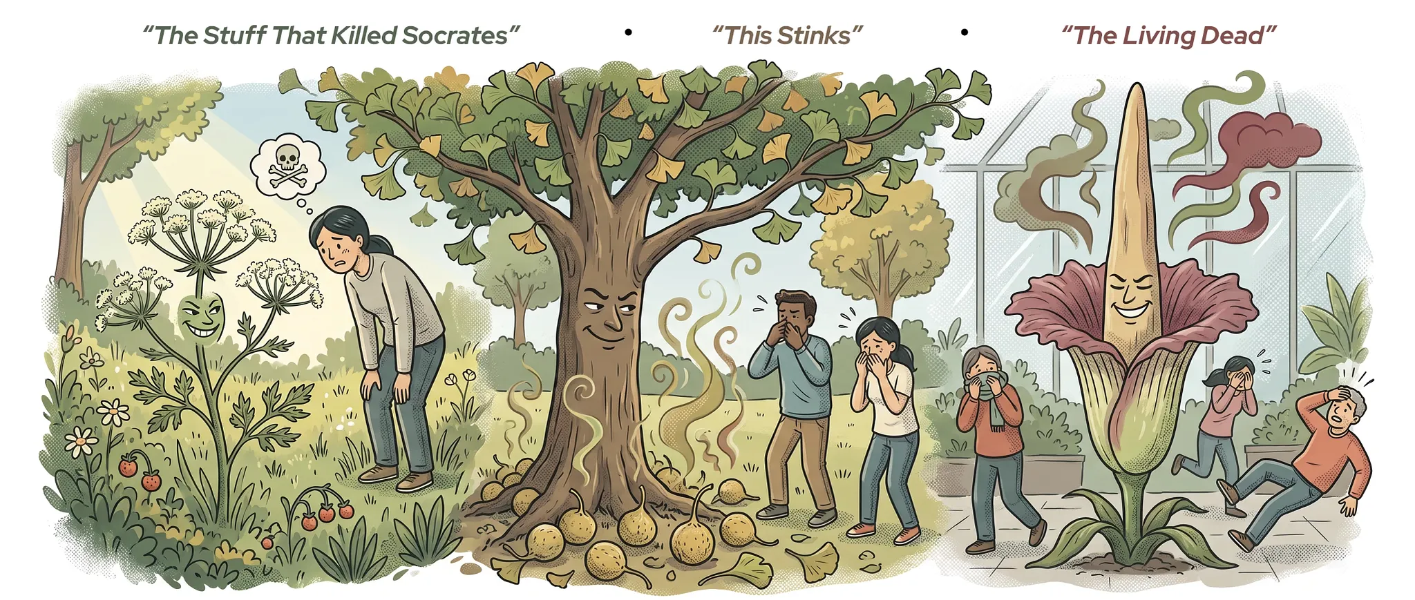 An editorial illustration depicting a diverse group of four people standing in a vibrant garden, holding their noses and reacting with visible distress to a massive, towering reddish-purple flower emitting visible green scent waves into the air.