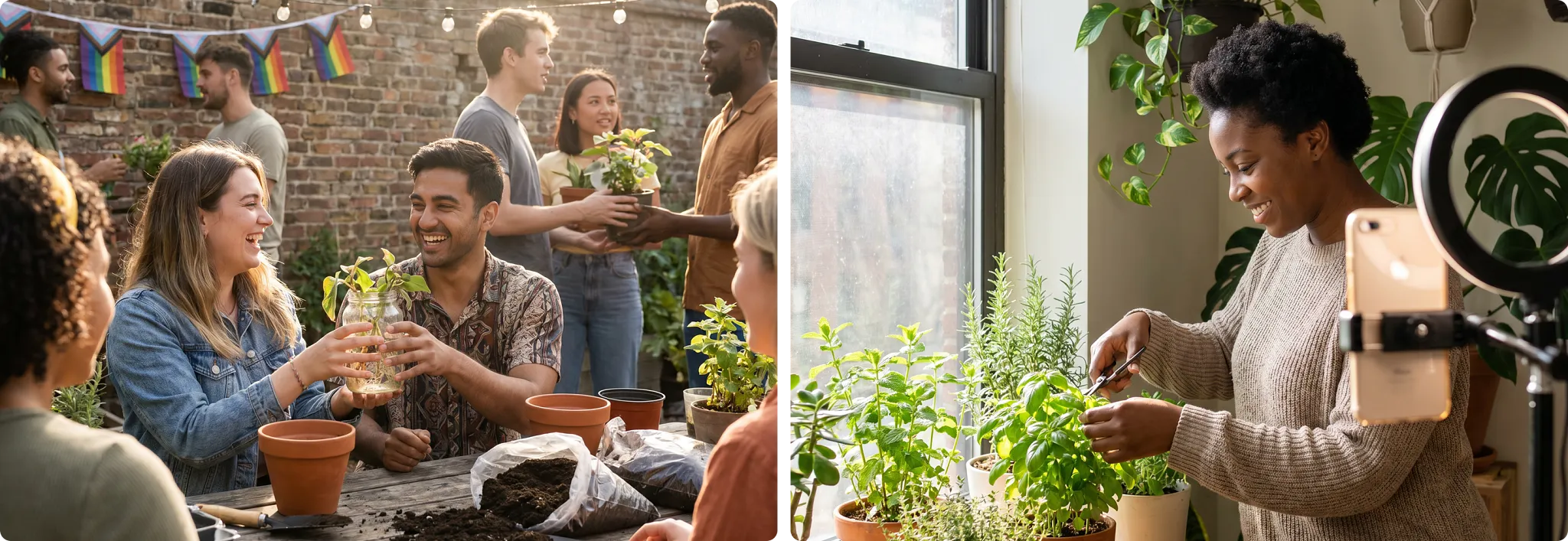 A side-by-side split showing friends laughing and sharing plant cuttings at an outdoor potting table next to a young woman filming a video tutorial with her phone mounted on a ring light while pruning indoor houseplants