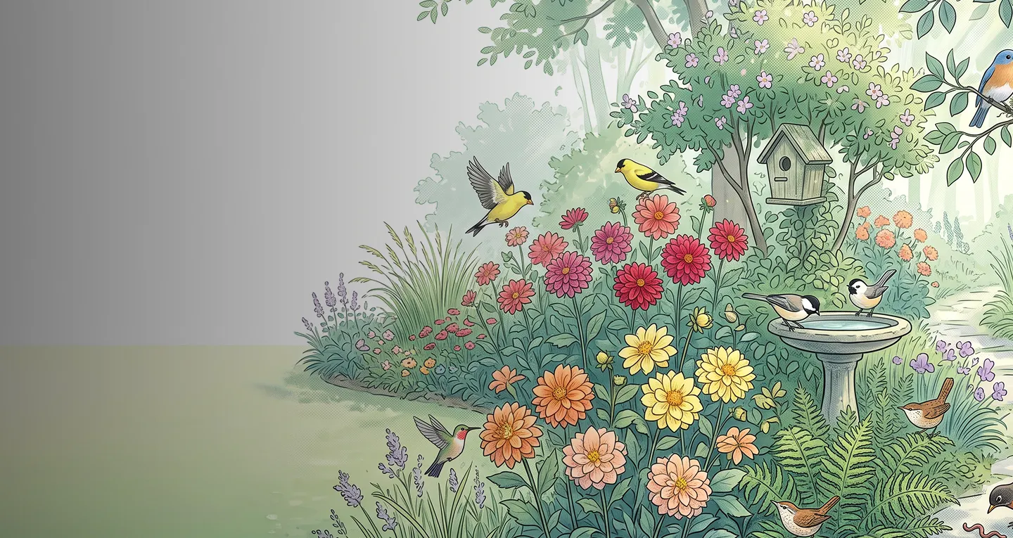 An illustrated article header titled "The Dirt: One flower takes over a garden (and we love it!), plus how to curate a yard full of beautiful birdsong." To the right of the headline text, a colorful garden scene features blooming pink and yellow dahlias, lavender, a birdbath, a wooden birdhouse, and various wild birds including goldfinches, a bluebird, a hummingbird, and chickadees.