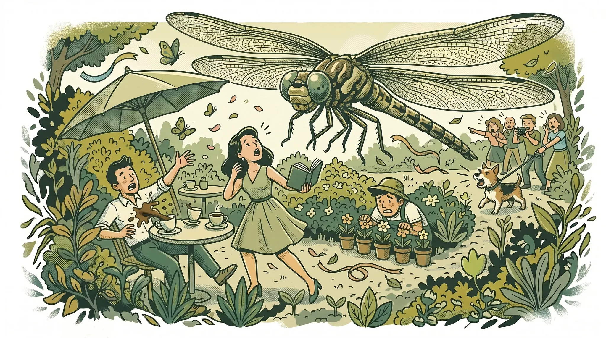 Giant dragonflies scares people in a garden