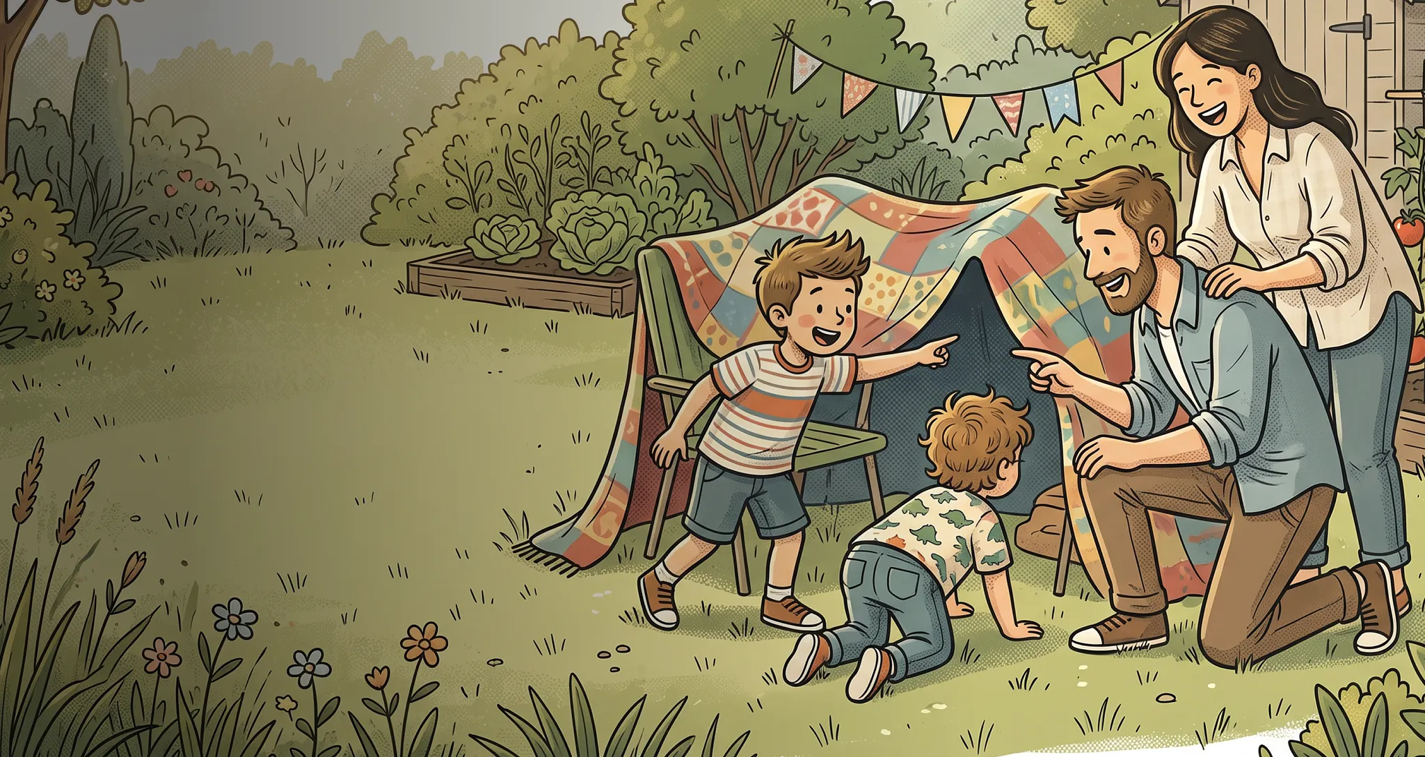 An illustration of a family building and playing in a colorful backyard tent made of blankets, with a young child crawling out and parents smiling nearby.