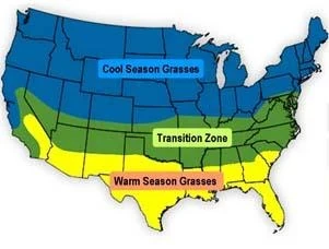 Cool-season, transition zone, and warm-season grass regions in the continental United States.