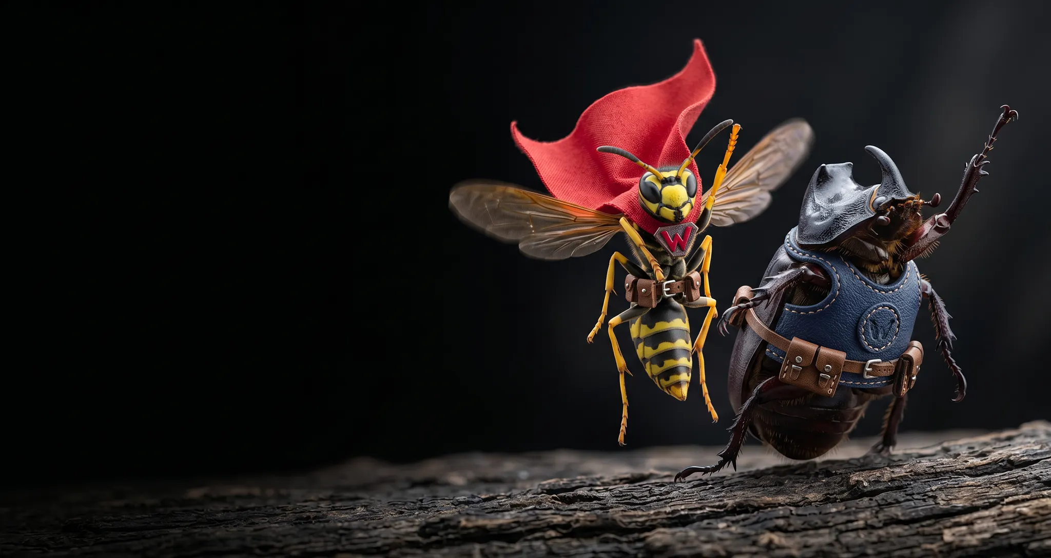 Superhero wasp wearing a red cape flying alongside a rhinoceros beetle in a vest.