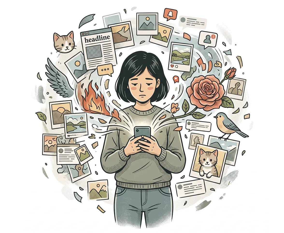 Illustration of a woman holding a smartphone, surrounded by a circular collage of social media posts, news headlines, and images of animals and flowers.