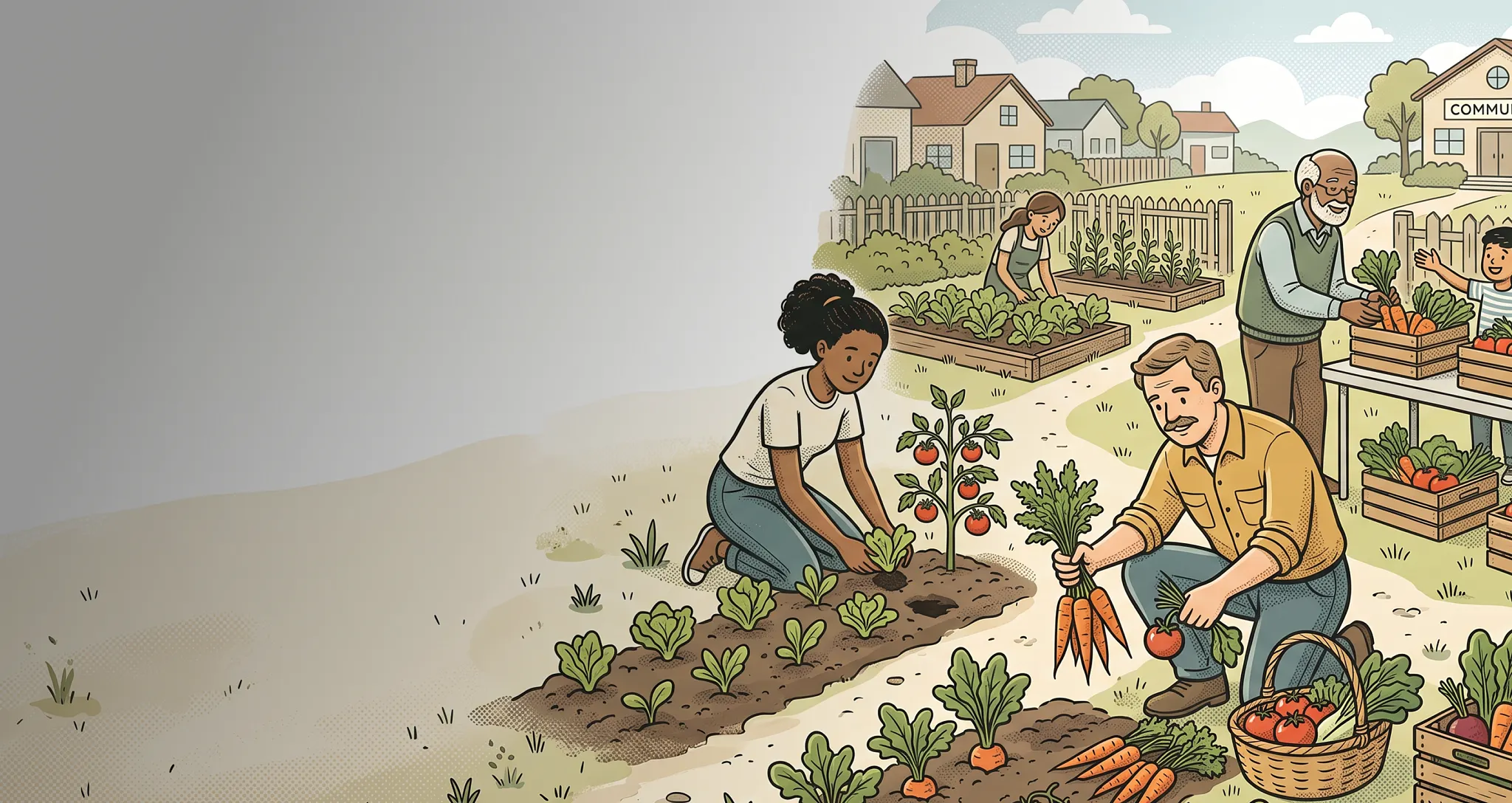 An illustration of diverse community members gardening and harvesting fresh vegetables together, titled "Community Gardens Are Having a Glow-Up."