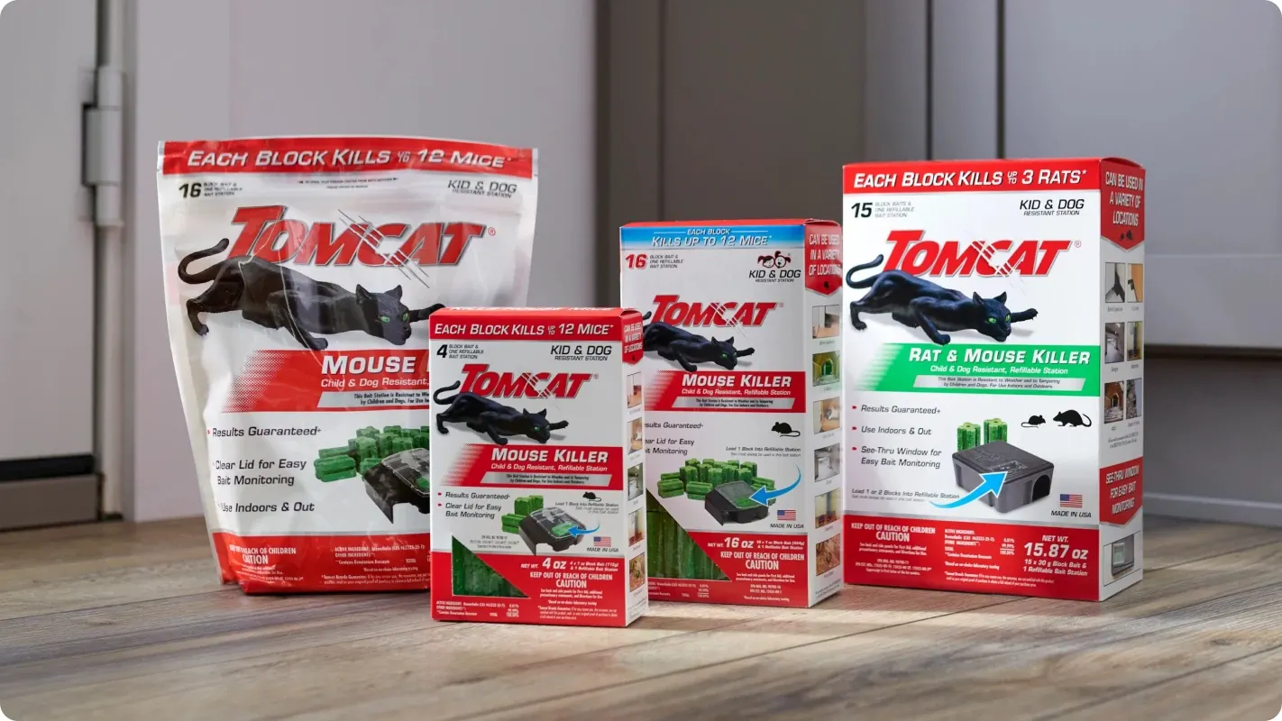 A lineup of Tomcat mouse killer products including bait stations and refill packs for indoor rodent control.