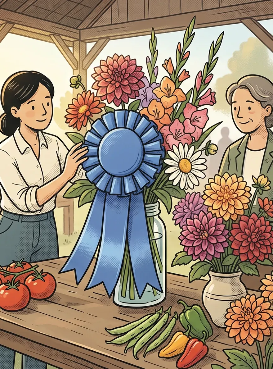 Woman attaching a blue first-place prize ribbon to a flower bouquet arrangement at a county fair display.