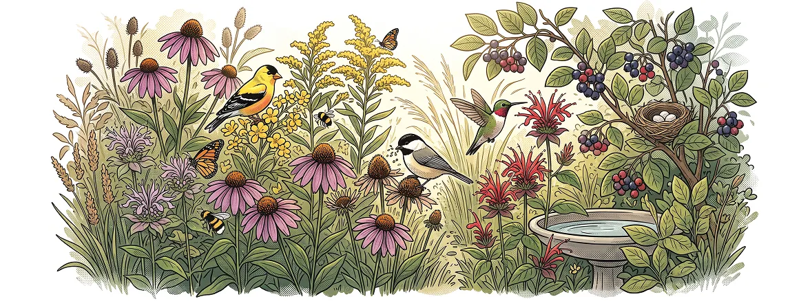 A top-down, line-art-style illustration shows a variety of wild birds, including a goldfinch, a chickadee, and a hummingbird, perched on flowering cone-flowers, goldenrod, and a stone birdbath next to a small tree with berries and a bird's nest. To the left of the image, headline text reads "Bring on the birds!" above body copy describing research on diverse land cover and bird species.