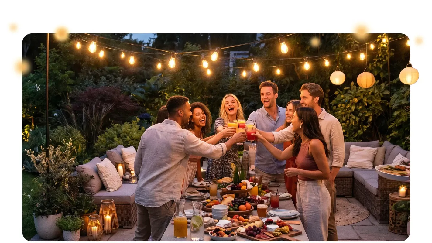 A group of happy friends toasting drinks together at an outdoor patio dinner party under string lights.