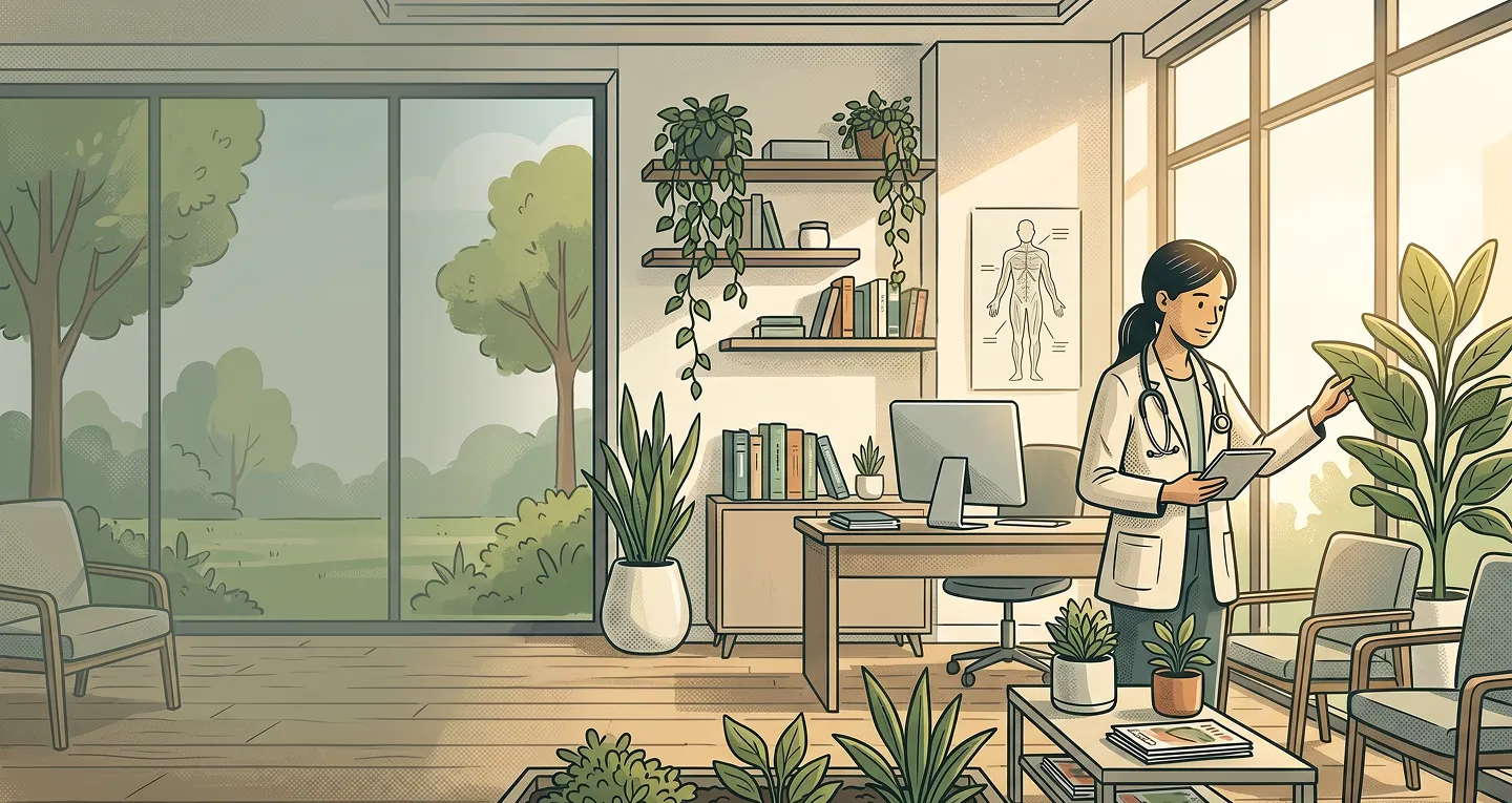 An AI generated graphic image of a female doctor standing in front of a monstera plant in the corner of her office, behind her is a desk and computer and other chairs tables and plants like a normal doctors office.