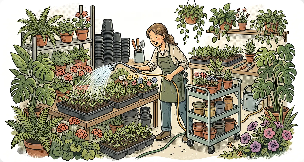Illustrated scene of a worker examining potted plants in an outdoor garden nursery center.