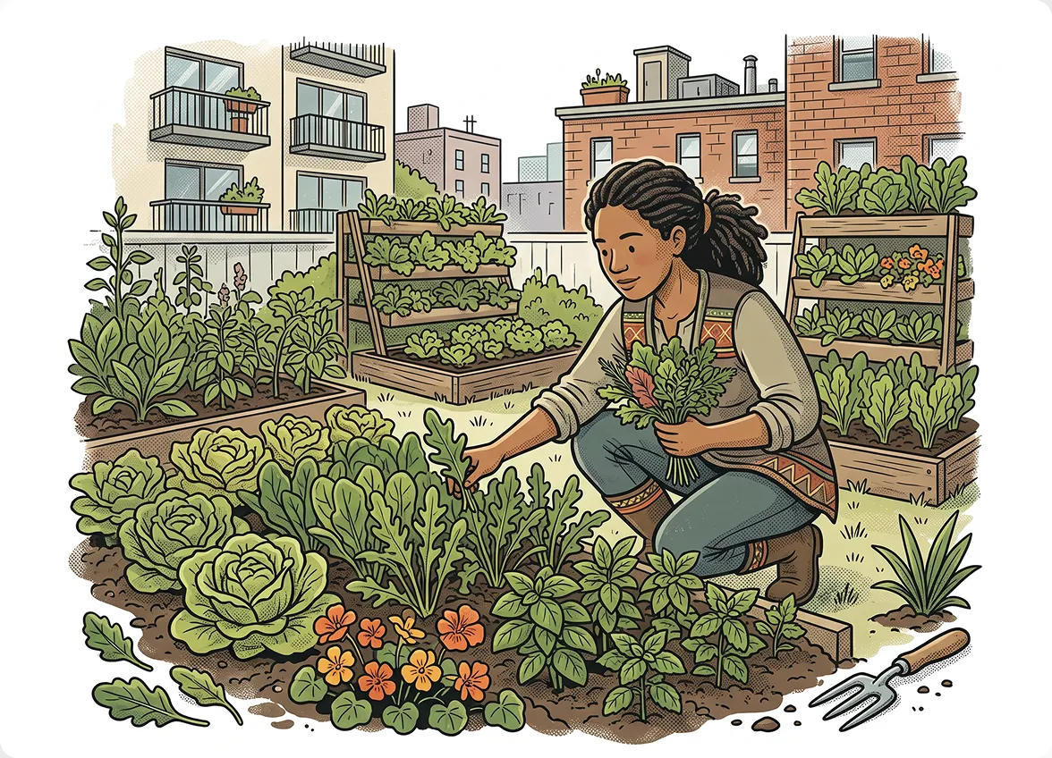 Illustrated scene of a farmer harvesting fresh vegetables on a rooftop garden with city buildings in the background.