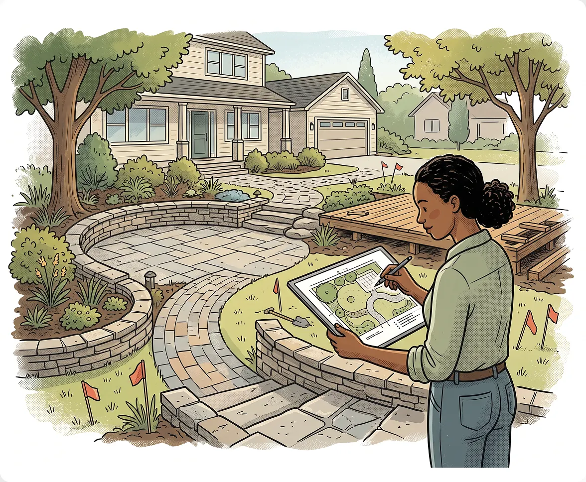 Illustrated scene of a designer outdoors holding a blueprint while reviewing a paved stone patio layout.