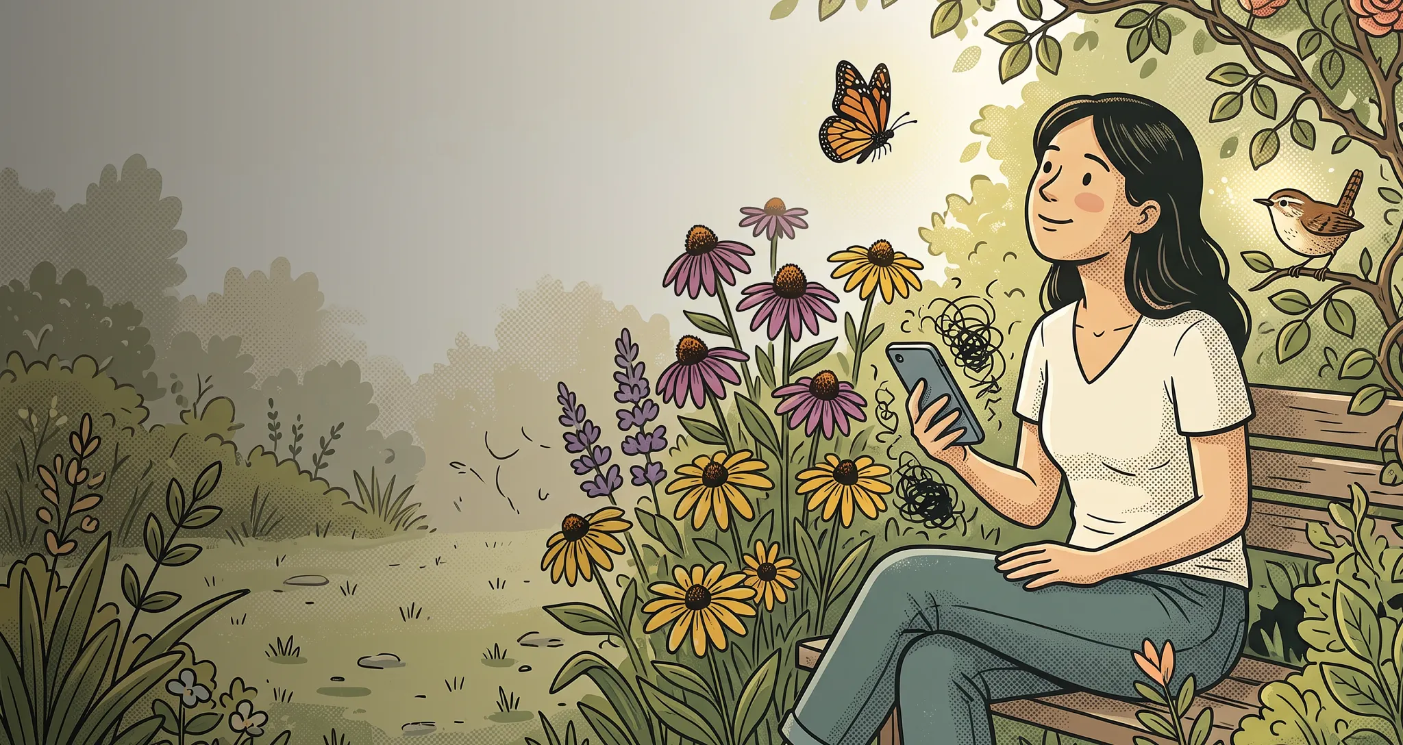 Illustration of a woman sitting outdoors on a wooden bench, looking at her smartphone while surrounded by blooming purple and yellow flowers, a butterfly, and a small bird.
