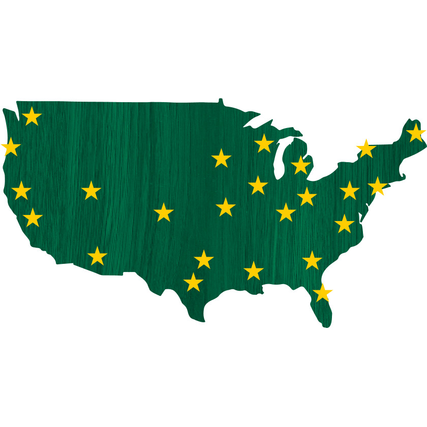 US State Map with Stars noting Soil Warehouses