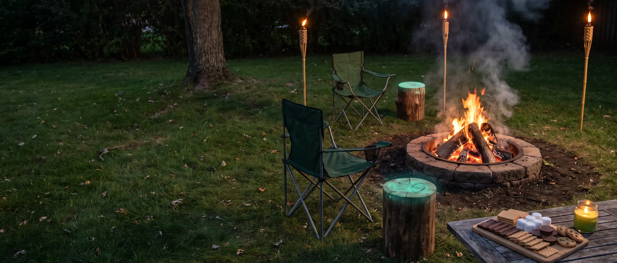 A wide outdoor evening photograph of a backyard fire pit area featuring a brick fire pit with burning logs, smoke rising into the air, folding lawn chairs, wooden log stools, tiki torches, and a table set with snacks. On the left side, a semi-transparent white text box is overlaid with the title "Strategies for building a better bonfire" and bulleted tips for backyard fire setup.